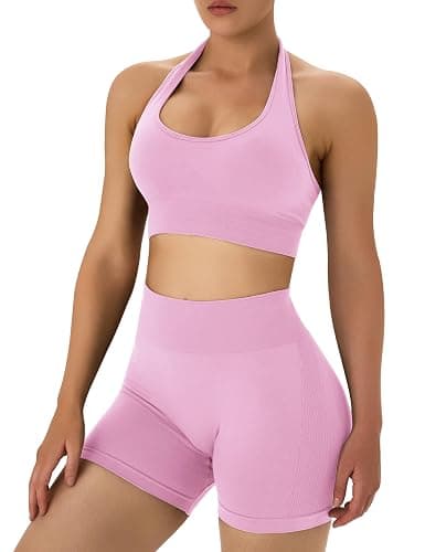OLCHEE Workout Sets for Women 2 Piece Backless Halter Sports Bra High Waist Booty Shorts Yoga Gym Outfits Lounge Activewear thumbnail 3