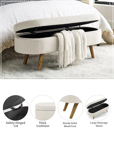 ECLYL Oval Storage Bench 43.5" Linen Fabric Upholstered Entryway Bench with Solid Wood Legs Ottoman Bench Indoor Bench for Living Room/Bedroom/End of Bed/Entryway (Beige) thumbnail 4