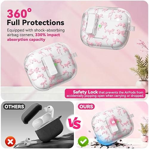 for AirPods Pro 3 Case with Secure Lock & Phone Stand, Bow-Print Clear Case for Apple AirPods Pro 3rd Generation 2025 Cover with Cleaner Keychain for Women Girly, Pink, Auto-Open Lid thumbnail 3