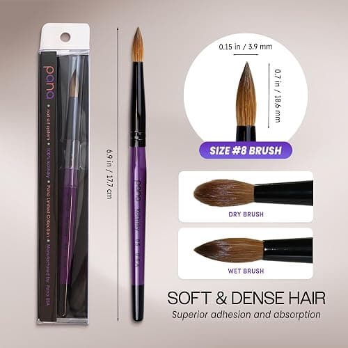 PANA Pure Kolinsky Hair Acrylic Nail Brush - Round Shape Black Ferrule with Purple Wood Handle (Size 8) - for Acrylic Nail Application, Nail Extension Manicure Pedicure Salon Beginner and Professional thumbnail 3