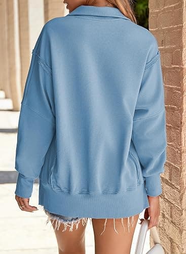 SHEWIN Womens Reverse Seam Snap-Button Henley Sweatshirt Casual Loose High Low Split Pullover Tops thumbnail 4