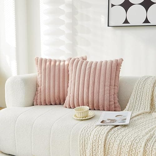Sunday Praise Faux Fur Plush Decorative Throw Pillow Covers 16x16 Pink | Set of 2, Soft Plush Striped, Modern Home Décor, Farmhouse Boho Accent Cushion Covers for Couch Sofa Bed Living Room thumbnail 3