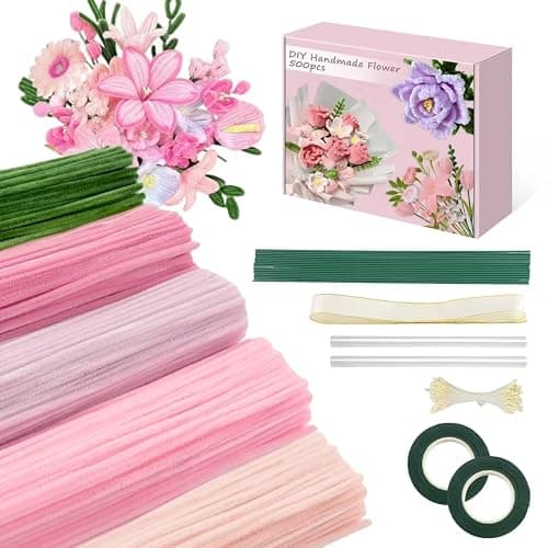 AKINSTER 500 Stück Pfeifenputzer zum Basteln Pfeifenreiniger Blumen Set Pipe Cleaner Flower Set Pfeifenreiniger Rosa mit Blumen Staubblatt Bänder Klebeband Geschenkbox für Basteln & DIY (Rosa) - Image 1