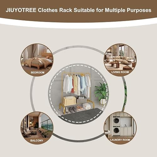 JIUYOTREE Metal Clothing Rack with Wheels 43.3 Inches Rolling Clothes Garment Coat Rack with Bottom Shelf Clothing Rack for Hanging Clothes Coats Skirts Shirts Sweaters Gold thumbnail 6
