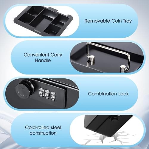 KYODOLED Cash Box with Combination Lock Safe Metal Money Box with Money Tray for Security Lock Box 7.87"x 6.30"x 3.35" Black thumbnail 5