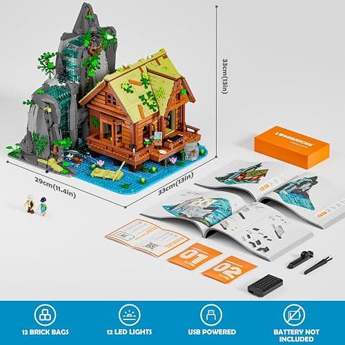 LUMIBRICKS Waterfall-Cabin Lighting Building-Bricks Set - 2539 Pcs Retro Waterfall House Collection LED Light Set for Adults and Retro House Architecture Building Collectors thumbnail 3
