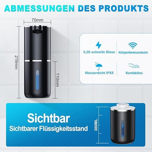 Amyzavls Seifenspender Automatisch,380ml Elektrischer Wandmontage Berührungsloser Automatische Seifenspender,USB wiederaufladbar mit Infrarot Bewegungssensor für Bad,Küche, Büro Schwarz thumbnail 2