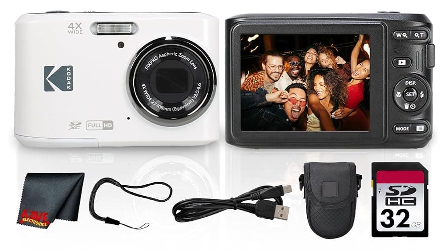 Kodak PIXPRO FZ45 Digital Camera (White) | 16MP Sensor, 4X Optical Zoom, 27mm Wide-Angle Lens & Full HD Video | Great for Travel & Family Photos (FZ45WH) + 32GB Card + Camera Case + Cleaning Cloth - Image 1