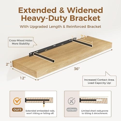 Floating Shelves 36 Inch Long, 12 Inch Deep Floating Shelves for Wall, 36 x 12 Shelves for Wall Storage & Display, 2" Thick Floating Shelf for Bathroom, Living Room, Bedroom, Oak Color, Set of 1 thumbnail 3