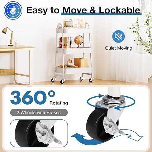 OLIXIS Metal 3 Tiers Utility Rolling Cart, Mobile Storage Shelf with Lockable Caster Wheels, Organization for Livingroom, Bathroom & Narrow Places, White thumbnail 7