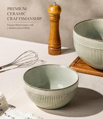 GBhome Ceramic Mixing Bowls Set of 3, Stoneware Nesting Serving Bowls, | 45/90/150 oz For Prep, Baking, Serving, Gift, Microwave and Dishwasher Safe, Ribbed Dishware Collection,Desert Sage thumbnail 5