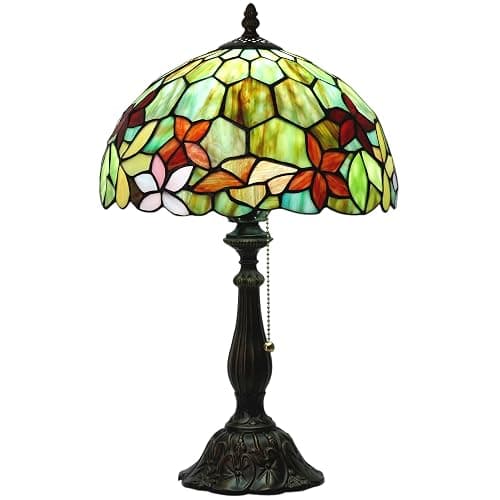 ZJART Tiffany Table Lamp Stained Glass Lamp 12X12X19 Inch Antique Reading Light (Red Green Flowers) - Image 1