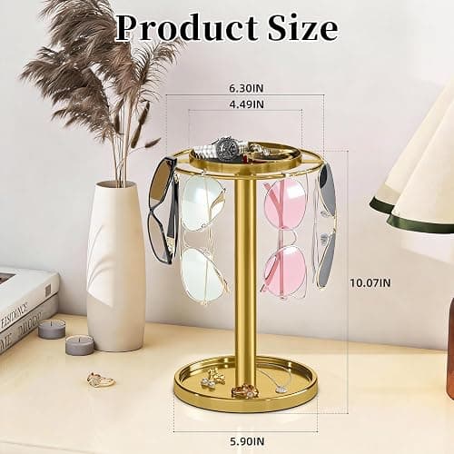 LSK 360° Rotating Sunglass Organizer, Glasses Stand with Storage Tray, Gold Stainless Steel Glasses Holder with Non-Slip Pad for Dresser, Nightstand & Home Decor, Storing Up to 9-16 Pairs Glasses thumbnail 2