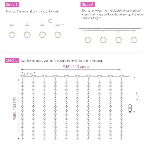 Minetom Curtain Lights, 300 LED Dimmable Fairy Lights with Remote and Timer, 8 Modes, USB Powered String Lights for Room Wall Party Xmas Indoor Decor, Pink thumbnail 5