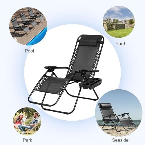 Nazhura Set of 2 Relaxing Recliners Patio Chairs Adjustable Steel Mesh Zero Gravity Lounge Chair Beach Chairs with Pillow and Cup Holder Black thumbnail 8