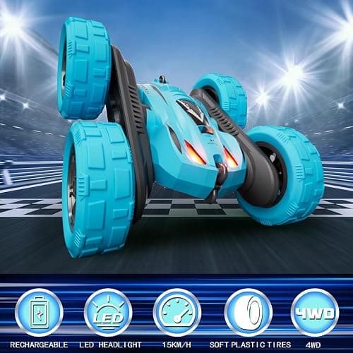 RacingFun Remote Control Car for 6-12 Year Old Double Sided 360°Rotating 4WD RC Cars with Headlights 2.4GHz Rechargeable Electric Stunt Race Car Toy for Boys Girls Birthday Gifts(Blue) thumbnail 5