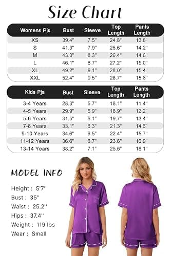 Girls & Womens Satin Pajamas Set, Silk Button-Down Sleepwear 2 Piece Nightwear, 3 Years - Women XXL thumbnail 7