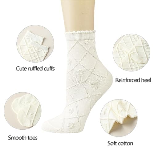 albagu Women's Crew Socks - Casual Cotton Cute Novelty Socks - Floral Ankle Socks - 5 Pack (White, One Size) thumbnail 7