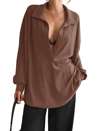 Fisoew Womens Oversized Deep V Neck Sweatshirts Casual Collared Long Sleeve Ribbed Knit Pullover Tops - Image 1