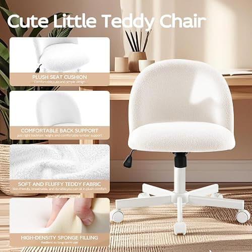 Morkprism Vanity Chair with Back,Armless Desk Chair Cute Small Office Chair,Teddy Fabric Computer Chair with Adjustable Height,120°Tilting,Rolling,Swivel for Vanity,Kids Room,Office,Bedroom White thumbnail 3