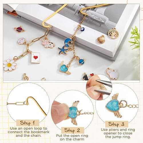 Tudomro 250 Pcs Metal Bookmarks Making Kit, DIY Metal Bar Bookmark Kit, DIY Craft Supplies with Charms, Jump Rings, Chains and Tools, Jewelry Making for Custom Bookmark Crafts (Cute) thumbnail 3