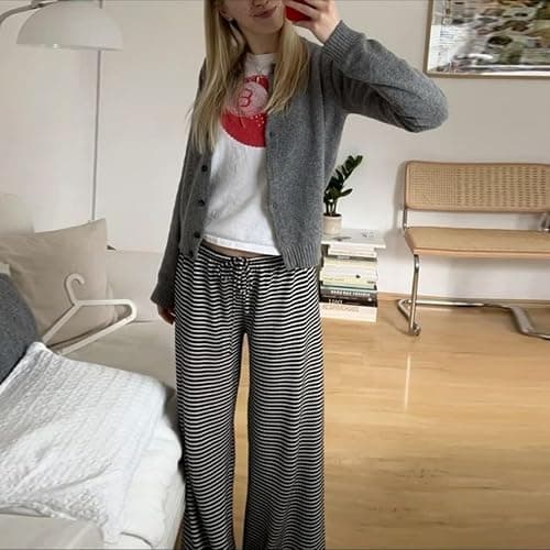 Bosloga Striped Wide Leg Pants for Women - Casual Loose Fit High-Waisted Drawstring Pajama Pants - Straight Trousers thumbnail 3