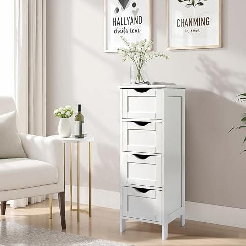 Bonnlo Bathroom Storage Cabinet Skinny Wooden Side Bathroom with 4 Drawers Small Free Standing Floor Cabinet White Slim 12 Inch Wide Organizer for Bedroom Living Room, 12 Inch Deep Narrow Organizer thumbnail 9