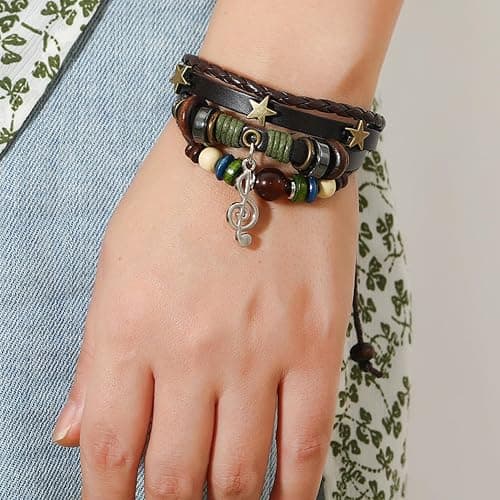 Dmaiy Leather Music Bracelets Braided Beaded Bracelet Black Stackable Bracelets for Women and Men - Brown music thumbnail 2