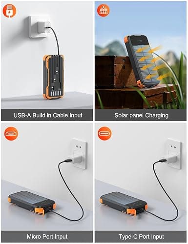 SOXONO Solar Charger Power Bank, PD 20W Fast Charging External Batter, 40000mAh Portable Phone Charger Built in 4 Cables with Dual Bright Flashlights for Camping, Hiking, and Outdoor Use thumbnail 5