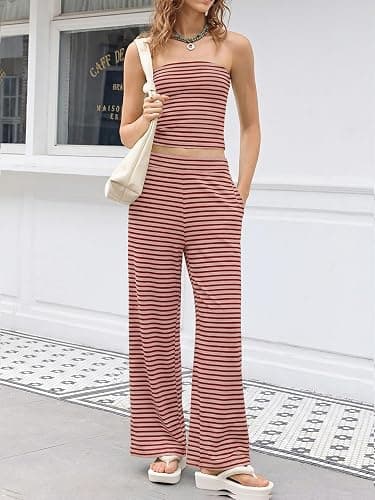 Tankaneo Womens Striped 2 Piece Sets Summer Strapless Crop Tube Tops Wide Leg Pants Matching Lounge Set Vacation Outfits thumbnail 4