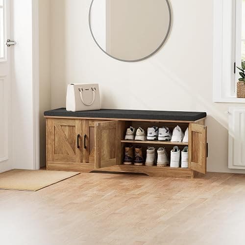 HOMSHO 2-Tier Storage Bench, 47.2" Wide Shoe Bench with Padded Seat Cushion, Entryway Bench with 4 Barn Doors and Adjustable Shelf, Rustic Walnut thumbnail 2