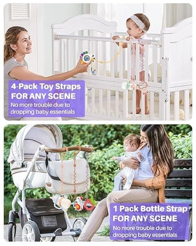 LittleHugs Toy Straps for Baby, 6pcs Adjustable Toy Holder for Stroller Accessories, Silicone Tether Pacifier Clip, No Throw Travel Essential Leash for High Chair, Car Seat thumbnail 7
