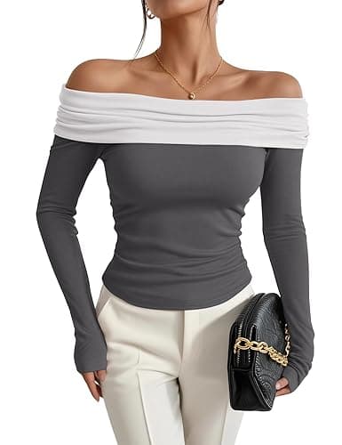 Women's Sexy Off Shoulder Tops Dressy Casual Slim Fit Long Sleeves Spring Fall Blouse Going Out Nightout Shirt