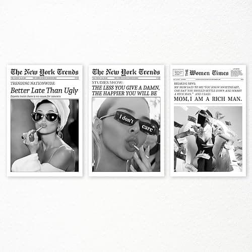 Yuaruo Set of 3 Trendy Newspaper Canvas Wall Art, Funky Better Late Than Ugly Wall Art Print, Vintage Black and White Room Aesthetic Posters, Hot Girl College Dorm Wall Decor 24x36in Unframed - Image 1