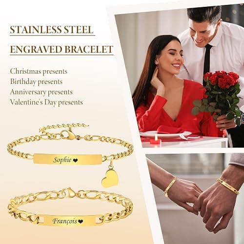Personalized Matching Bracelet for Couple - Free Engraving Custom Couples Bracelets,Hypoallergenic Adjustable Stainless Steel Long Distance Relationship Jewelry,Promise Bracelet Gifts for Him and Her thumbnail 6