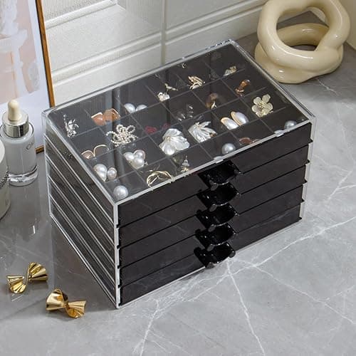 YUFONG Earring Storage Box Organizer, Acrylic Jewelry Storage Box Holder 5 Drawers Transparent Jewelry Display Stand with 120 Small Compartments Gift Boxes for Women Girls (Black) thumbnail 3