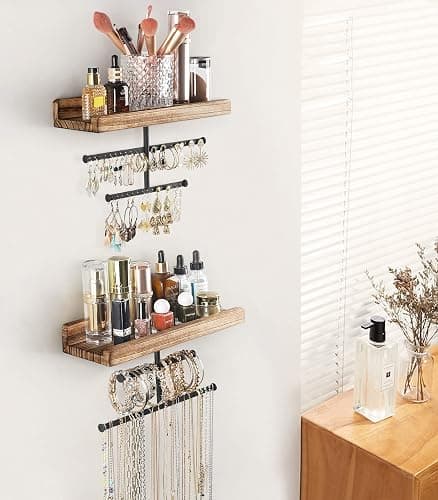 Keebofly Hanging Wall Mounted Jewelry Organizer with Rustic Wood Jewelry Holder Display for Necklaces Bracelet Earrings Ring Set of 2 Carbonized Black,[Patented] thumbnail 2