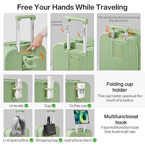 mixi Luggage with Cup Phone Holder Hard Shell Rolling Travel Suitcases with Spinner Wheels, Avocado Green, 26-inch thumbnail 4