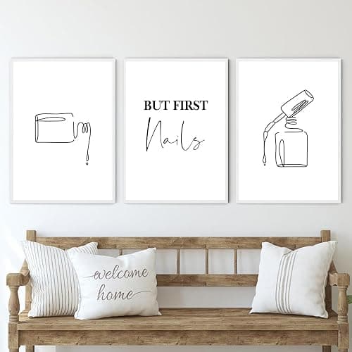 Nail Salon Canvas Wall Art Beauty Salon Artwork Cosmetics Pictures Makeup Wall Art Canvas Black and White Minimalist Line Art Nail Polish Pictures Wall Decor for Living Room Bedroom 16x24inchx3 Frameless - Image 1