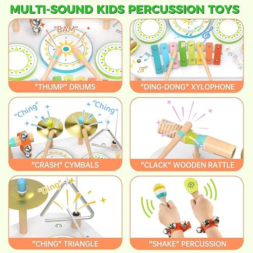 12-in-1 Drum Set for Toddlers 1-3,Baby Musical Instruments Table ,Wooden Montessori Toys with Xylophone,Bongo Drums,Cymbals,Maracas & Wrist Bells,Birthday Gift for 1 2 3 Year Old Boy Girls thumbnail 8