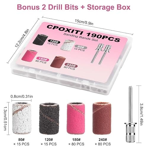CPOXITI 190 Pcs Sanding Bands for Nail Drill, 2 Pcs Nail Drill Bits Set, 80/120/180/240 Grits Nail Sanding Bands for Acrylic Gel Manicures, Pedicures thumbnail 3