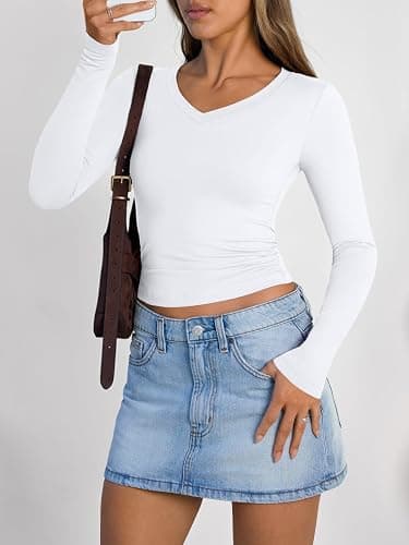Trendy Queen Long Sleeve Shirts for Women 2025 Fall Fashion V Neck Basics Crop Tops Slim Fitted Y2K Tops Outfits Clothes thumbnail 6