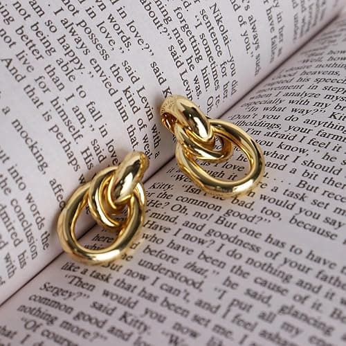 JeanBeau Gold Chunky Statement Drop Dangle Earrings for Women, Trendy Vintage Thick Door Koncker Lightweight Hollow Geometric stud Earring Fashion Jewelry Gift. thumbnail 5