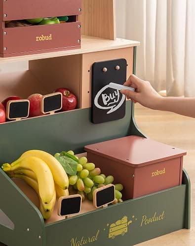 ROBUD Pretend Play Grocery Store with Lights, Supermarket Playset for Kids, Interactive Wooden Play Market Stand, Gift for 3+ Kids Boys Girls (Vintage Green) thumbnail 7