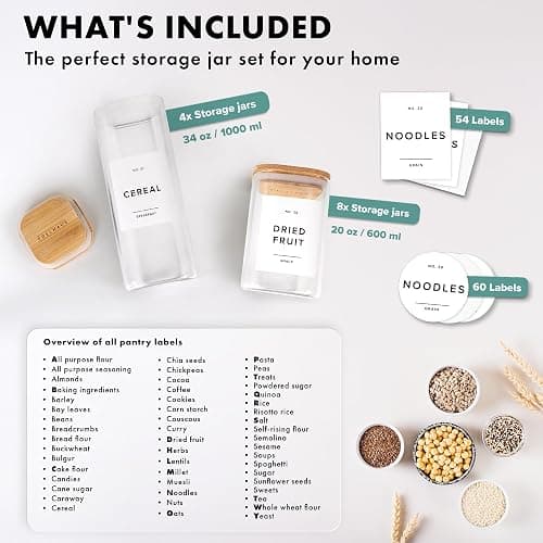 Square Glass Storage Containers with Bamboo Lids 12-Pack (4x 30 oz, 8x 17 oz) Airtight Storage Jars with Lids for Food, Stackable Kitchen Canisters with 114 Labels for Pantry [Thicker Glass 3mm] thumbnail 3