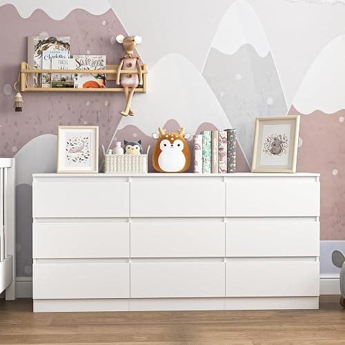 VERYKE White 9 Drawer Dresser for Bedroom,Chest of Drawers with No-Handle Design for Closet,Modern Wood Dresser Bedroom Storage Furniture thumbnail 8