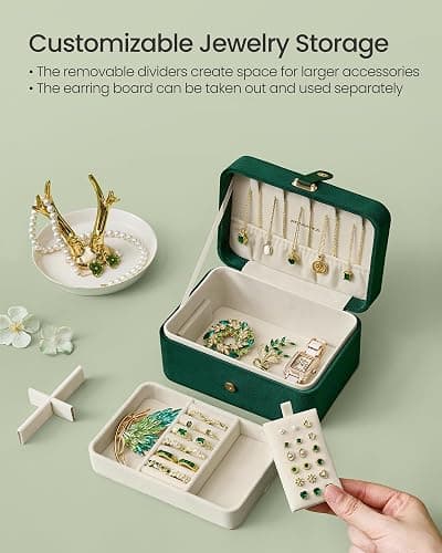 SONGMICS GISELLA Collection - Travel Jewelry Organizer, 2-Layer Jewelry Case Holder with Shiny Metal Hardware, Portable, Premium Velvet, for Earrings Necklaces, Retro Green UJBC166C04 thumbnail 5