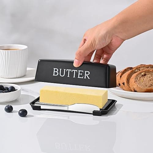 Butter Dish With Cover And Knife,Food Grade Plastic Butter Holder With Lid For Countertop,Black Dishwasher Safe Butter Storage Container thumbnail 2