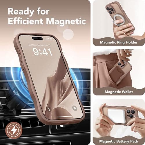 CAPRARO Cute for iPhone 15 Pro Case, Compatible with MagSafe, [Curly Wave Edge] [Full Camera Protection] [14 FT Drop Protection] Magnetic Phone Case for 15 Pro 6.1 Inch, Brown thumbnail 4