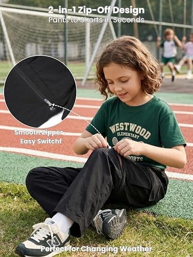 Kids Lightweight Convertible Zip-Off Cargo Pants for Girls and Boys | Water-resistant fabric, 4-pocket storage, elastic waist, adjustable cuffs for school, hiking, camping and travel thumbnail 2